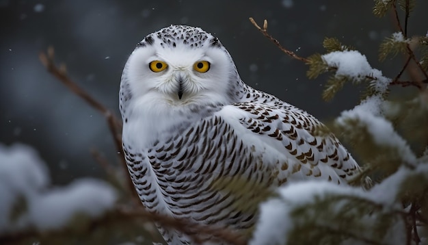 Great horned owl perching on snowy branch generative AI