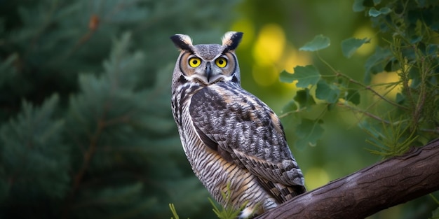 A great horned owl sits on a branch.