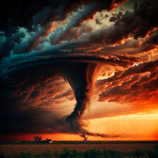 A great and huge tornado spawned in the field Dramatic and strong cinematic image