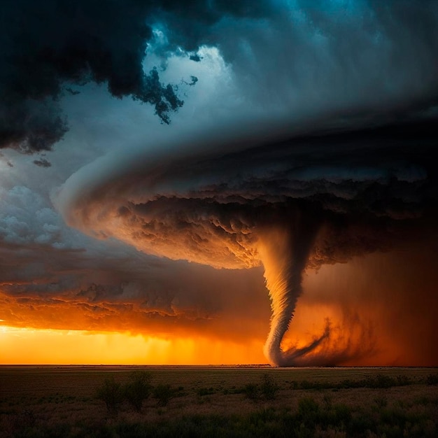 A great and huge tornado spawned in the field Dramatic and strong cinematic image