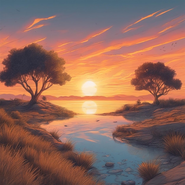 Great Landscape Nature At Sunset Spiritual Surreal Fine Art Highly Detailed Smooth Very Sharp
