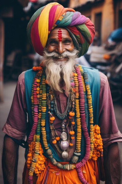 Great Portrait of happy man on the streets of India Dressed in traditional costume