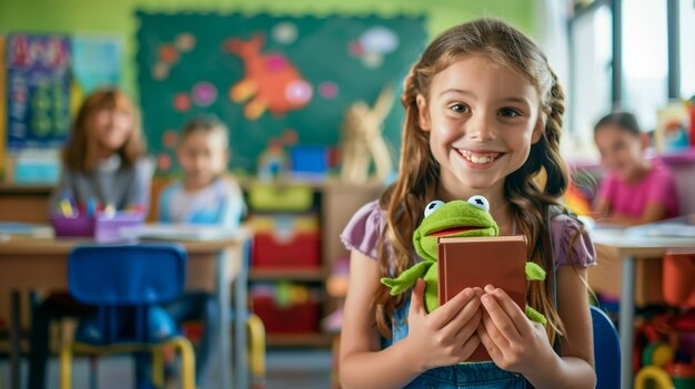 Photo great portrait of school pupil outside classroom carrying bags