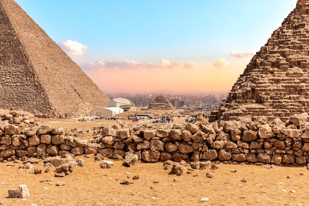 The Great Pyramids of Giza, view on the bases.