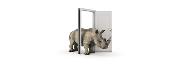 The great rhino enters through the open door 3d rendering