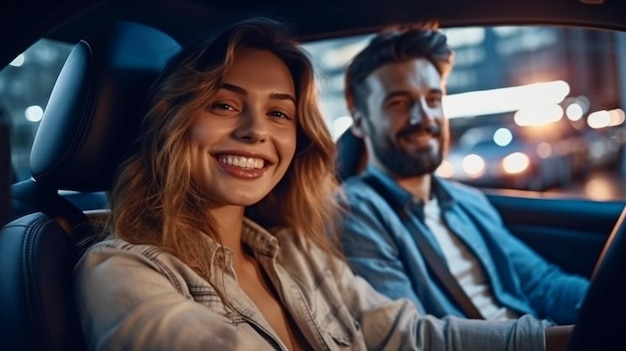 Great Ride Generative AI portrait of a smiling male driver admiring a gorgeous woman seated in the back passenger seat of an automobile