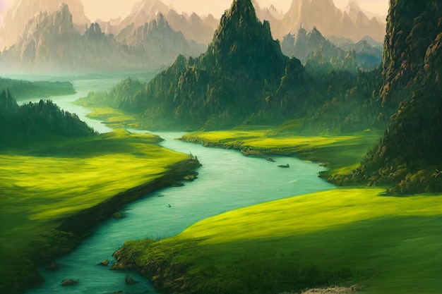 Great River and Mountain in Beautiful Valley and Plain Illustration Background Image