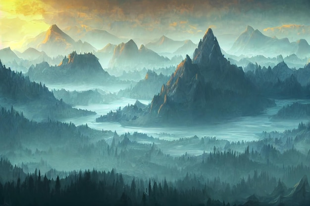 Великая река и гора в красивой долине и равнине Иллюстрация Фоновое изображение