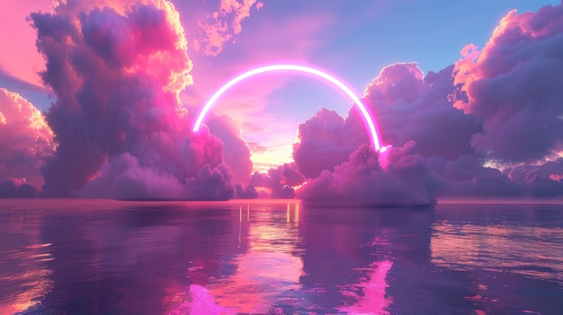 A great scenery wallpaper with fluffy clouds above the calm water rounded mirror and neon arch