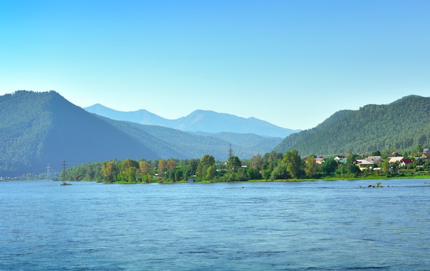 The Great Siberian river among the mountains under a clear blue sky Krasnoyarsk Territory