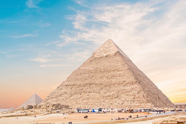 Great Sphinx against the background of the Great pyramids in Giza, Egypt