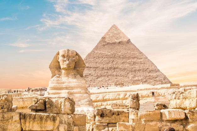 Great Sphinx against the background of the pyramids in Giza, Egypt