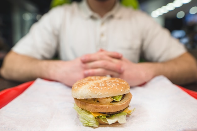 Un ottimo gustoso hamburger si trova sul vassoio del fast food.