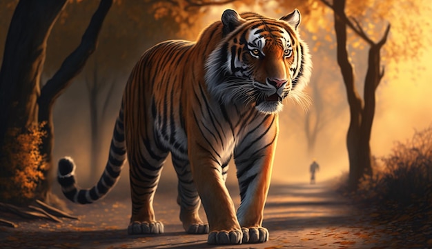 Great tiger male in the nature habitat Tiger walk during the golden light time