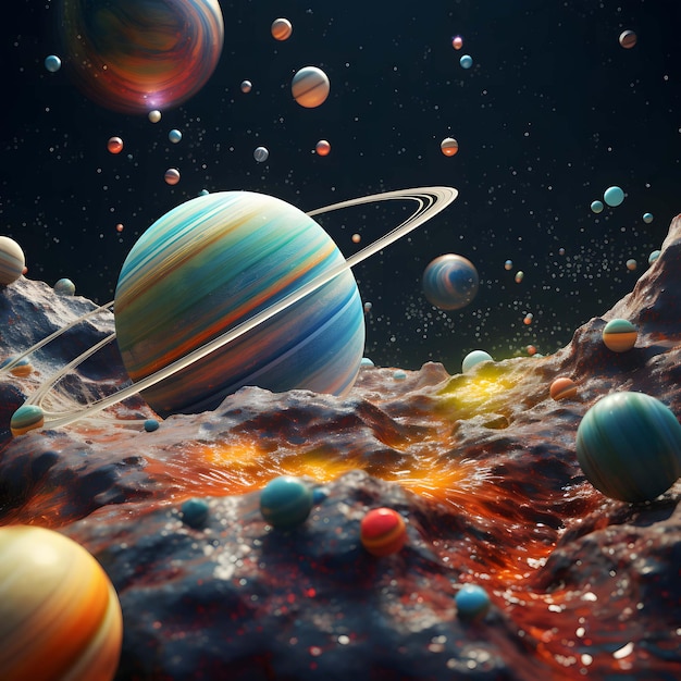 우주 공간의 멋진 전망 고해상도 이미지는 태양계 3D의 행성을 만드는 것을 보여줍니다.