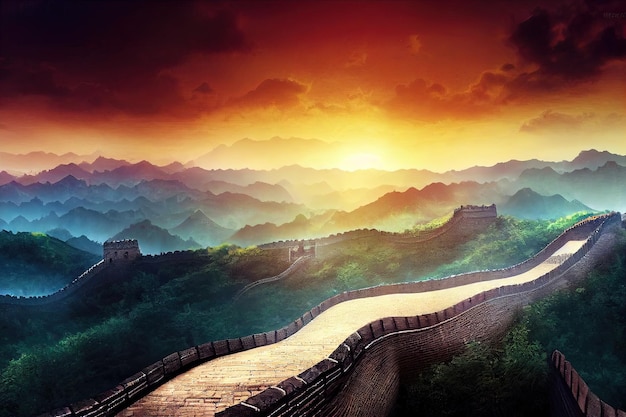 Photo the great wall of china china digital art style painting horizontal side view skyline