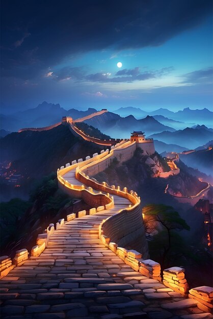 古代の建築構造のイラストとともに夕暮れの中国の大壁
