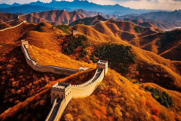 The great wall of china is seen in the distance.