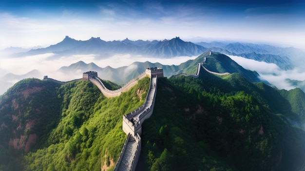 The great wall of china is seen from the mountains.