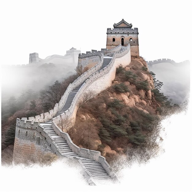 A great wall of china is walking up an steep hill