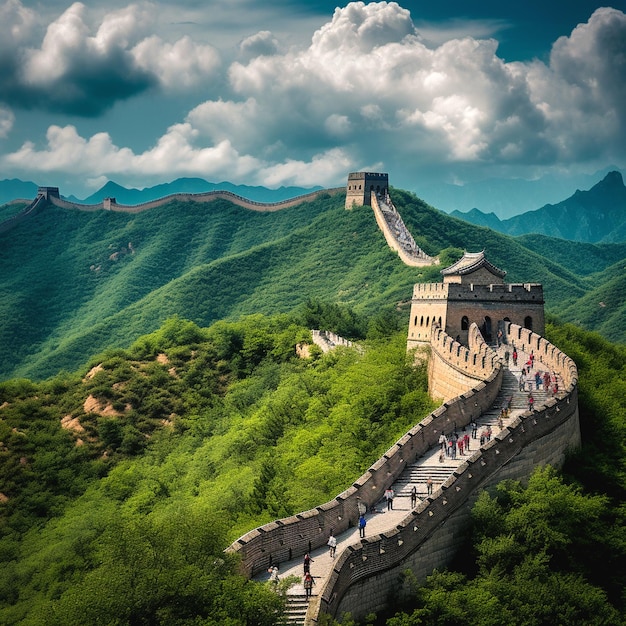 a great wall of china is walking up an steep hill