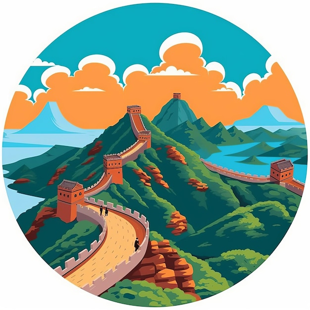 Great Wall Of China With Mountains And Clouds In Chris Dyer Styl