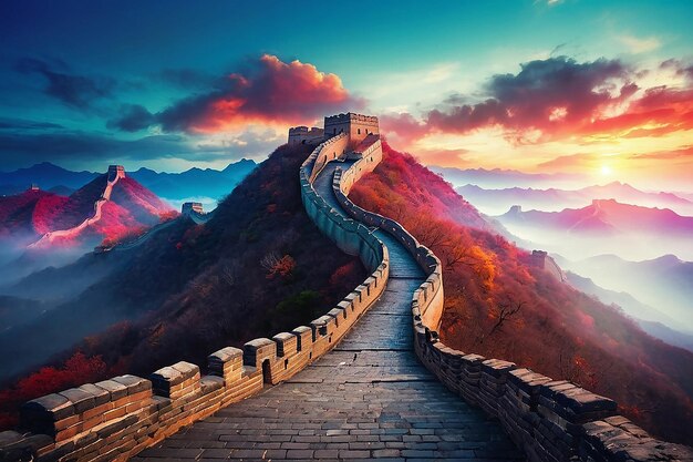 Great Wall sunset over mountains in Beijing China