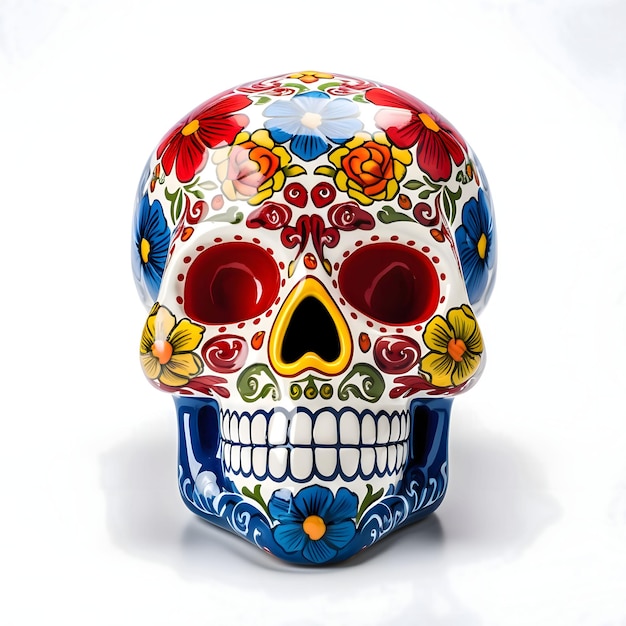 Great white colorful painted decorated skull For the day of the dead on a white isolated background