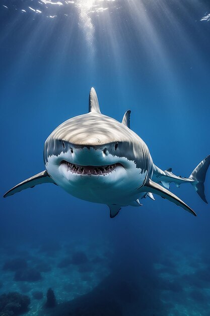 Great white shark in blue sea