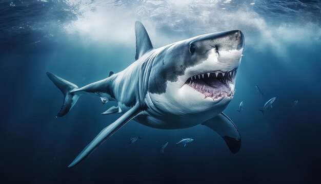 Great white shark in blue sea