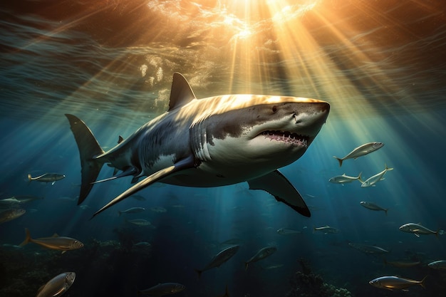 Great White Shark Carcharodon carcharias Great white shark and sun rays AI Generated