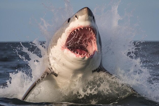 Photo great white shark chasing a meat lure and breaching sea surface