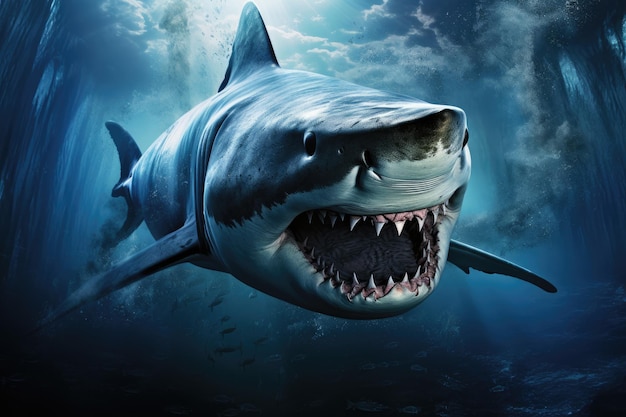 Great White Shark in deep blue ocean 3D render of a great white shark Encounter the terrifying presence of a massive killer shark lurking beneath the sea or ocean AI Generated