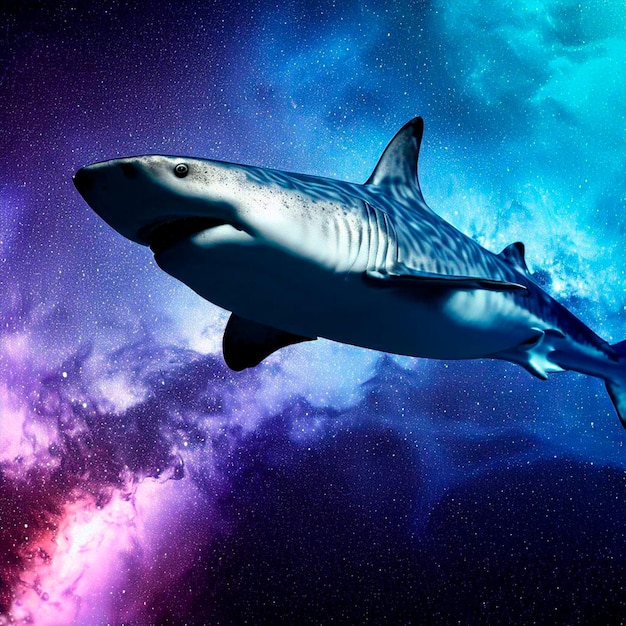 Photo a great white shark flying through the milk way