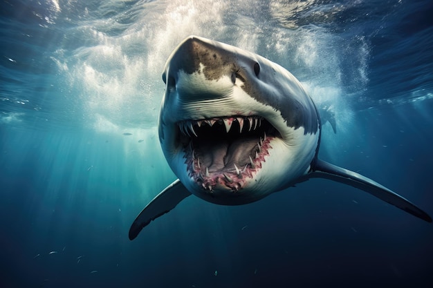 Великая белая акула Великая белатая акула в голубом океане Подводная фотография, созданная Ай