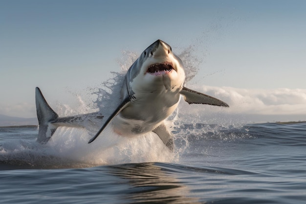 A great white shark jumping out of the water creates a thrilling image of danger and adrenaline