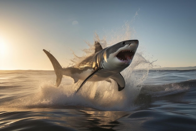 Большая белая акула, выпрыгивающая из воды, создает захватывающий образ опасности и адреналина.