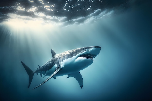 Photo great white shark posing in deep blue water.