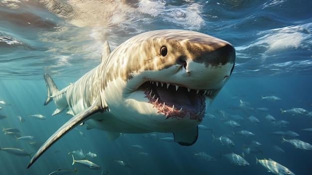 a great white shark swimming in the blue water