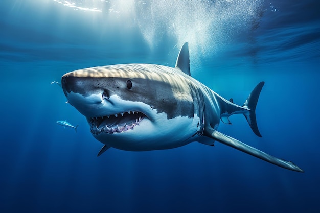 Great White Shark Swimming in the Deep Blue Sea