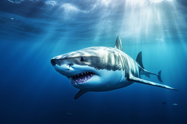 Большая белая акула плавает в глубоком синем море