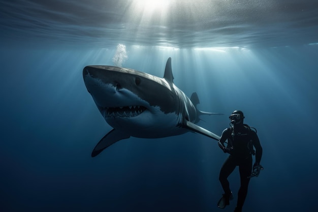 Great white shark swimming with a scuba diver in deep blue ocean Generative AI