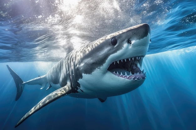 A great white shark swims in the Indian Ocean