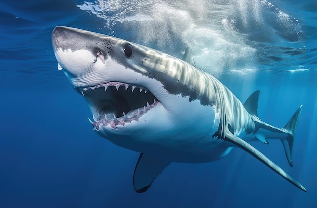 A great white shark swims in the Indian Ocean