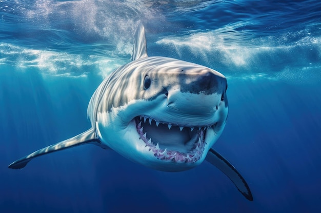 A great white shark swims in the Indian Ocean