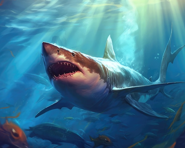 A great white shark swims in the sea Illustration Generative AI
