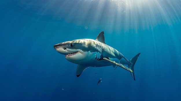 Великая белая акула со своими четырьмя пальцами плавает под солнечными лучами в голубом море