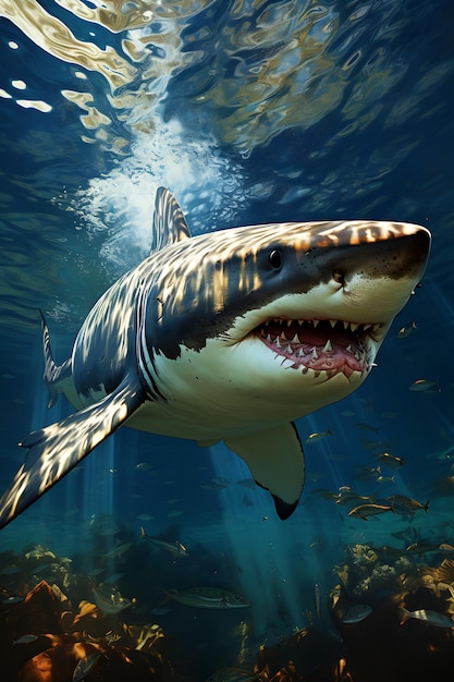 Great white shark with its mouth open in the water Generative AI