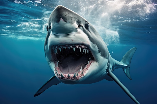 Great white shark with its mouth open