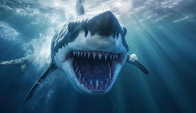 a great white sharks jaw open underwater